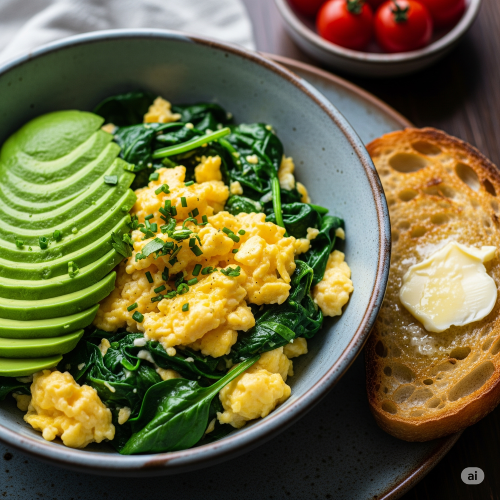 Huevos revueltos con espinacas y aguacate