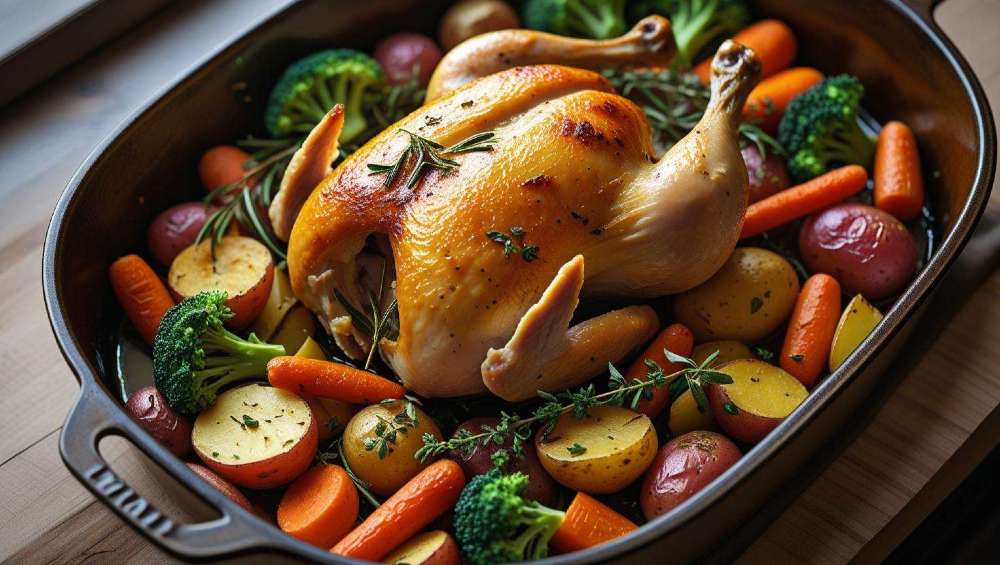 Pollo al horno con hierbas y vegetales