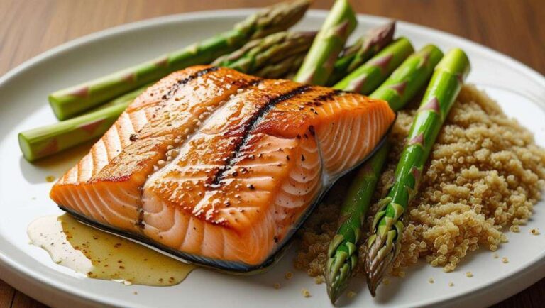 Salmón a la plancha con espárragos y quinoa